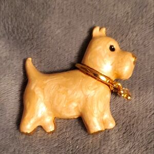 Vintage Scottish Terrier Dog Enamel Brooch Pin with Rhinestone Bow hanging Charm